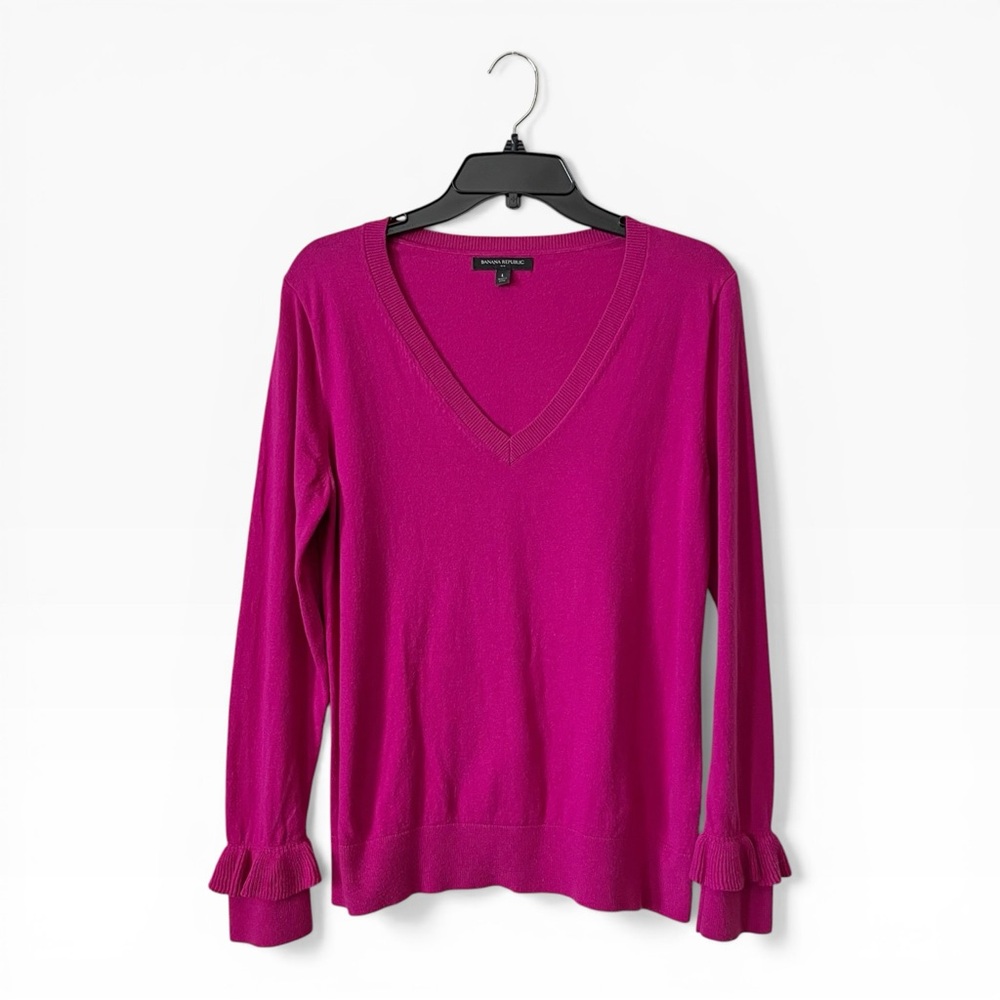Banana Republic Sweater Women's Pink L V-Neck Long Sleeve Ruffle Cashmere Blend